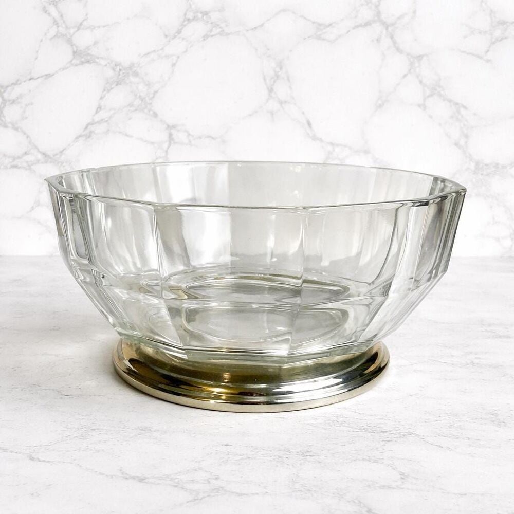 Vintage Mid-Century Modern Italian Crystal Paneled Bowl Silver Plated Base